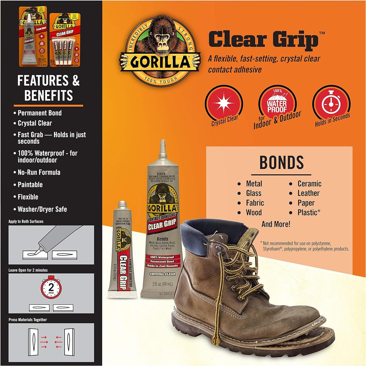 Gorilla 16 Pack 0.2 Ounce Tubes Clear Grip Waterproof Contact Adhesive Minis