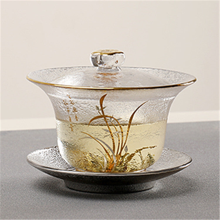 200ml Clear Gaiwan Glass Tureen Floral Relief Teacup Covered Bowl Cup Saucer Mat