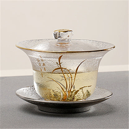200ml Clear Gaiwan Glass Tureen Floral Relief Teacup Covered Bowl Cup Saucer Mat