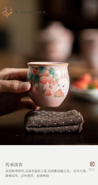 chinese ru ware porcelain tea cup : strawberry rabbit