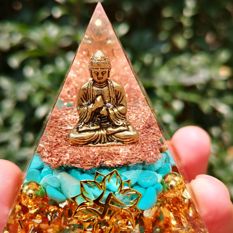 Buddha Statue Orgone Pyramid Healing Crystal Figurine Meditation Resin Pyramid