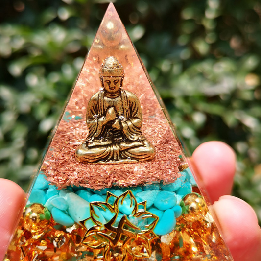 Buddha Statue Orgone Pyramid Healing Crystal Figurine Meditation Resin Pyramid
