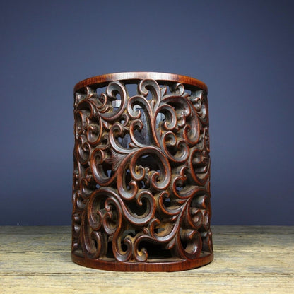 Vintage Bamboo Openwork Brush Pot 12x16cm Antique Scroll Pattern