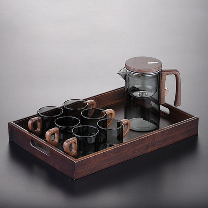 Boutique Tea Pot Matching Cup Glass Wood Handle Tea Tray Tea Water Separation