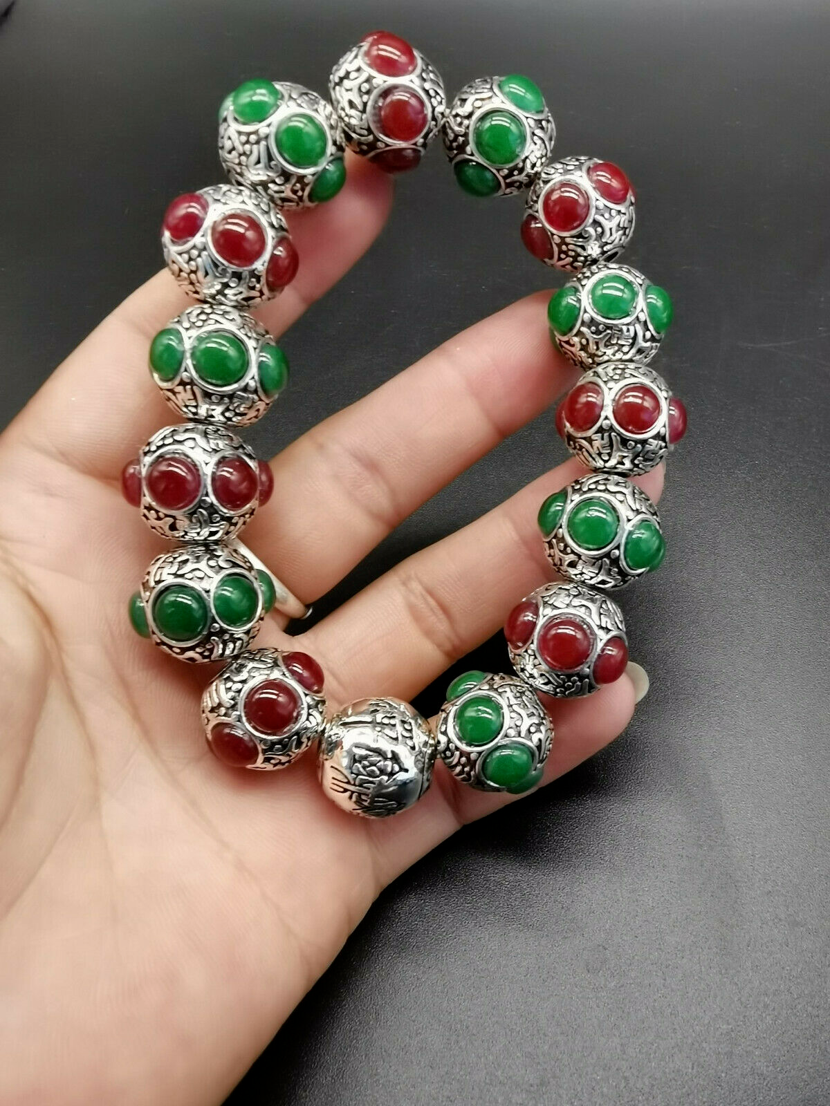 Old Tibetan silver hand-carved Tibet silver inlaid red Green jade bracelet