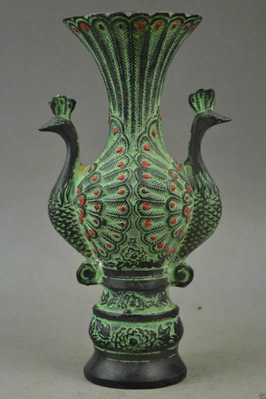 Exquisite Old Collectibles Bronze Carve Pair Auspicious Peacock Rare Noble Vase