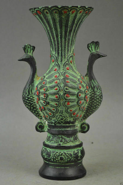 Exquisite Old Collectibles Bronze Carve Pair Auspicious Peacock Rare Noble Vase