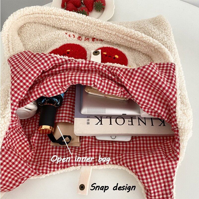 Plush Tote Bag Shopper Handbag Cute Embroidery Wool Shoulder Bag Polyester Soft
