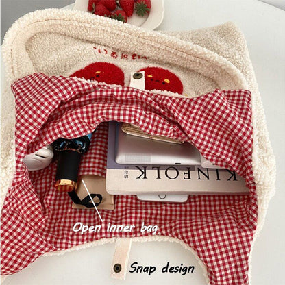Plush Tote Bag Shopper Handbag Cute Embroidery Wool Shoulder Bag Polyester Soft