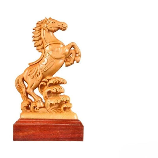Natural Cypress Animal Horse Statue Traditional Hand Carving Solid Wood Statue