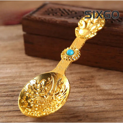 4.84" Golden Buddhist Spoon Inlaid Gem Alloy Auspicious Tibetan Buddhism