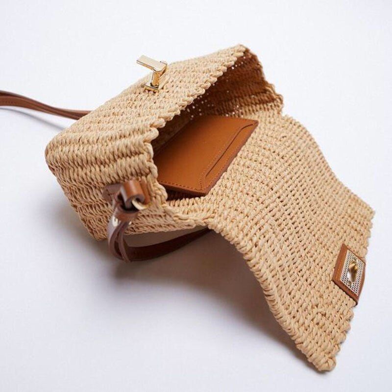 Handmade Shoulder Bag Summer Straw Beach Purse Bohemian Fashion Square Flap Lock