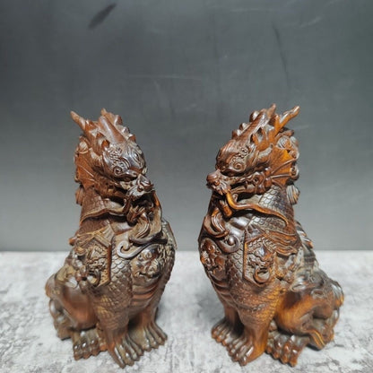 Pair Chinese boxwood kirin statue Figure good stand collection Art tea pet
