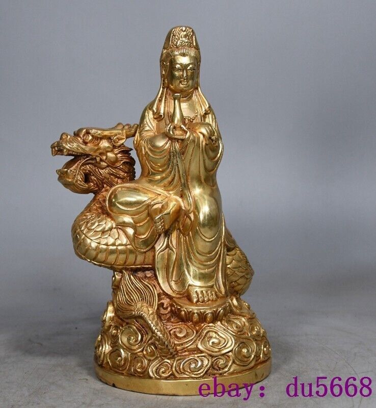 8.8"old China Buddhism temple bronze Gilt dragon Kwan-Yin GuanYin Buddha statue