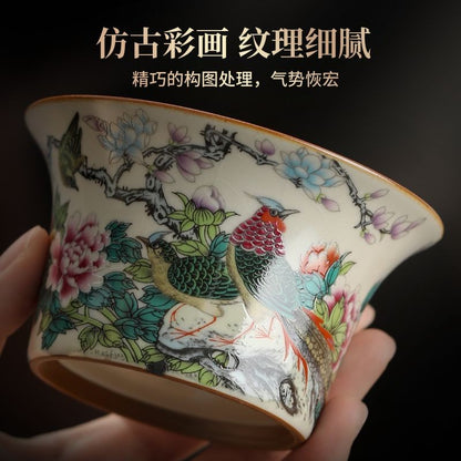 Famille Rose Bird Flower Gaiwan 7.5cm 150ml Antique Crackle Glaze Tea Bowl