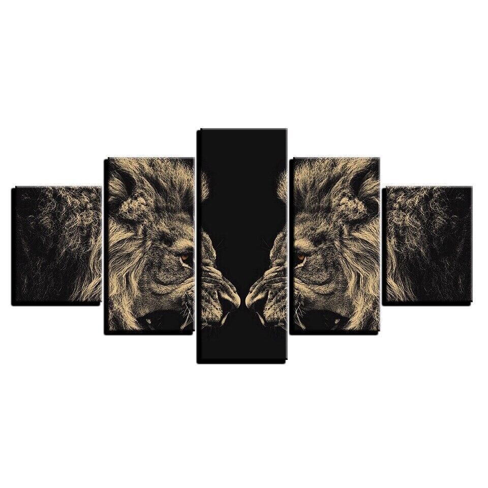 Roaring Lion Reflection 5 Panel Canvas Print Wall Art Poster Home Decoration