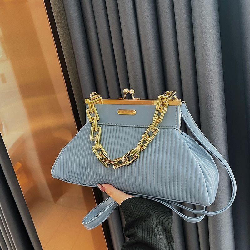 Synthetic Leather Pleated Shoulder Bag Thick Chain Handle Purse 18*31*11 CM Blue