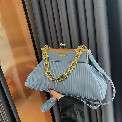 Synthetic Leather Pleated Shoulder Bag Thick Chain Handle Purse 18*31*11 CM Blue