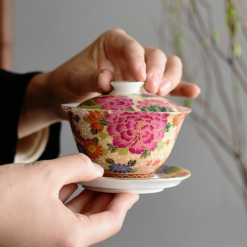 One Gaiwan + 4 Matching Tea Cups Handpainted Under Glaze Jingdezhen Craft Tureen