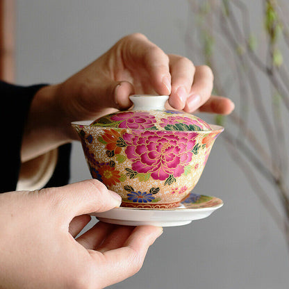One Gaiwan + 4 Matching Tea Cups Handpainted Under Glaze Jingdezhen Craft Tureen