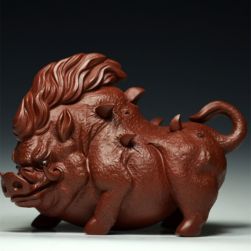 Full Handmade Tea Pet Wild Boar God Statue Real Yixing Zisha Dahongpao Clay Pig