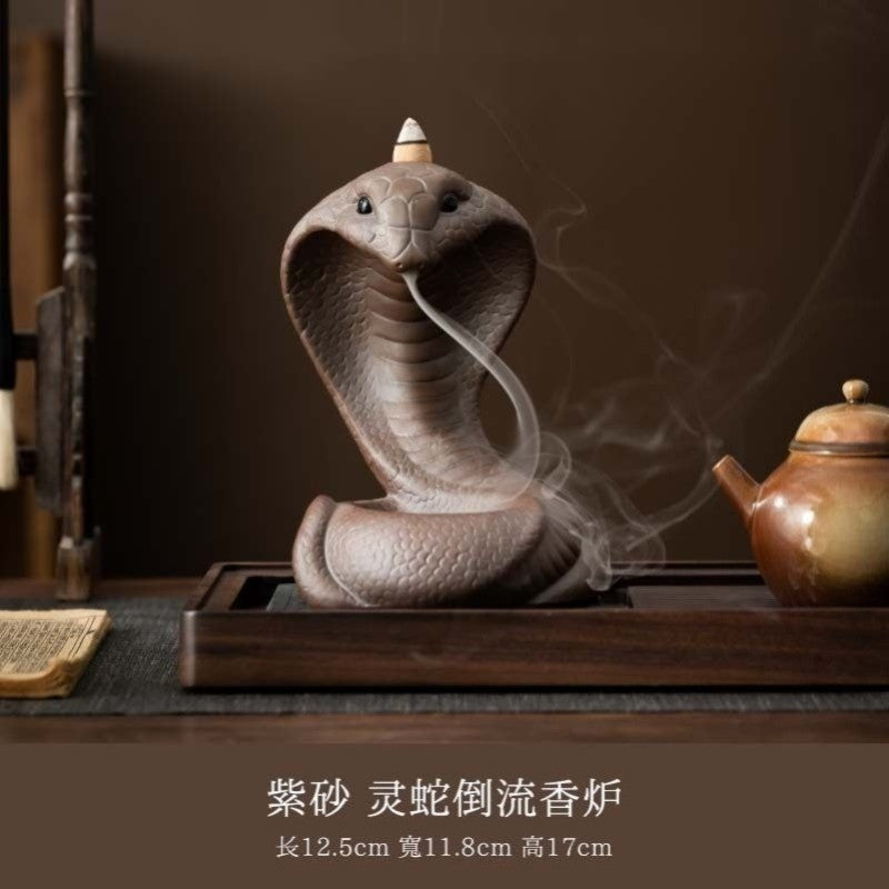 6.7" Porcelain Cobra Snake Statue Backflow Incense Burner Censer Home Decor