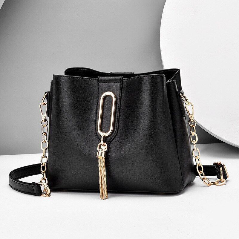 Tassels Bucket Bag Soft Leather Chain Shoulder Bag Crossbody Bags for Women
