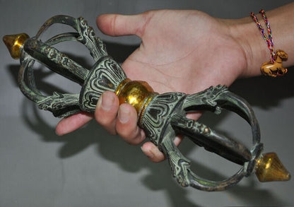 10" Tibet buddhism bronze gilt Tibetan Buddhist Dorje Vajra Phurpa dagger Statue