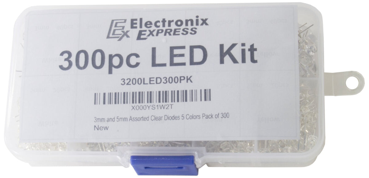 300 Piece Clear Lens LEDs, 3mm & 5mm, Colors: White, Red, Blue, Green, Yellow