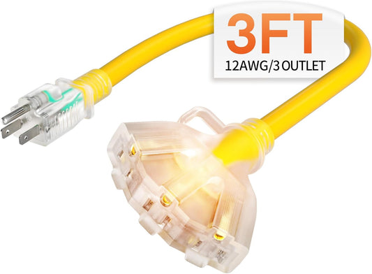 3 Ft 12 Gauge Heavy Duty 3 Outlet Extension Cord Splitter with Indicator, Waterp