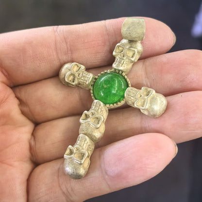 Tibetan Old Collection Antique Skull Cross Inlaid Gemstone Pendant Retro Gift