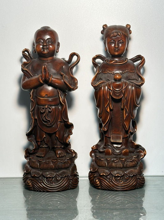 Vintage Chinese Boxwood Carving Boy And Girl Statue Wooden Sculptures Home Decor