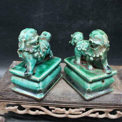 Pair Chinese Marked Green Glazed Porcelain Foo Dog Palace Lions Collected