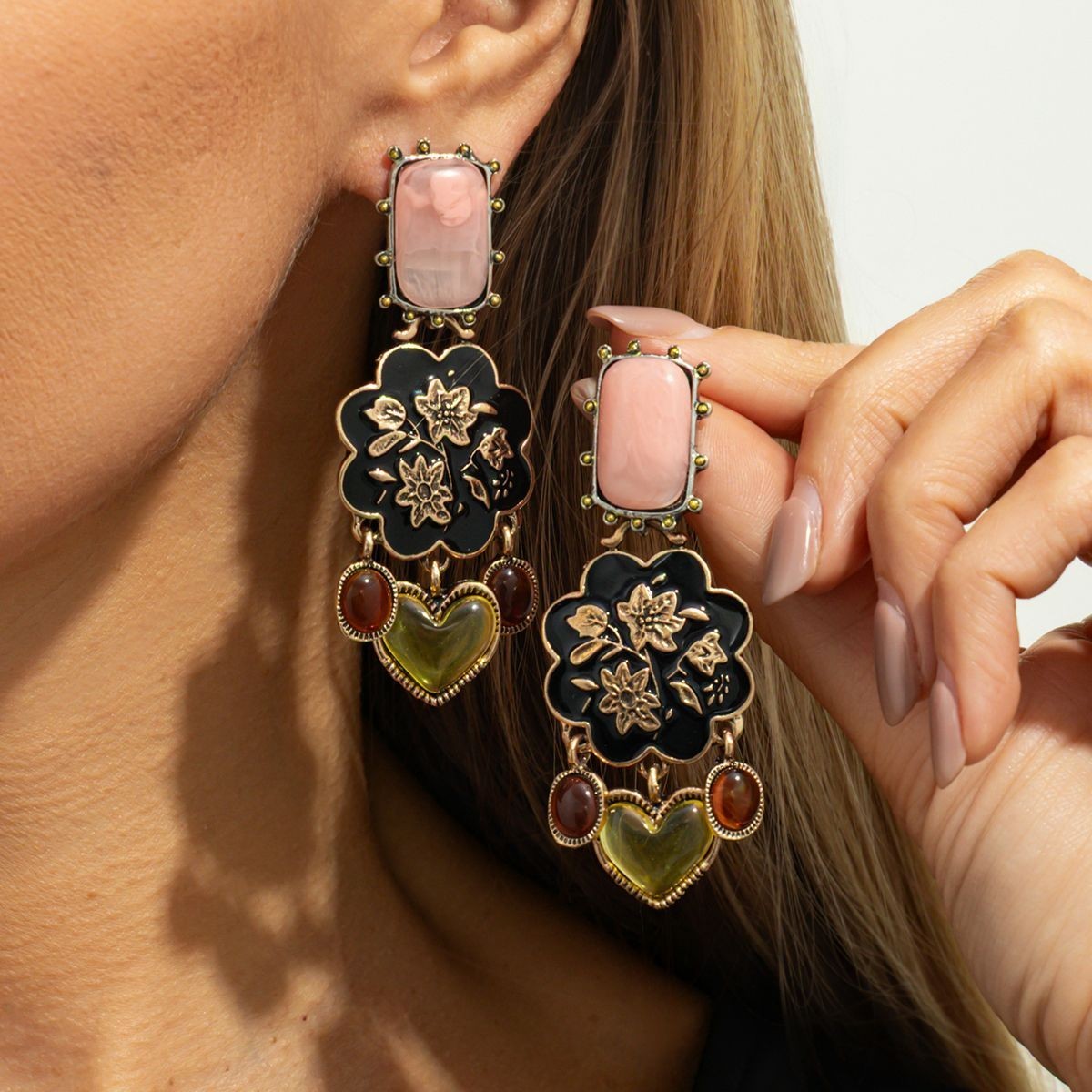 Spanish Vintage Court Gemstone Floral Heart Drop Earrings
