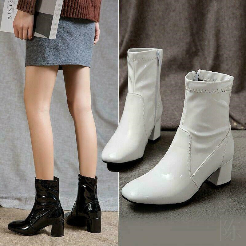 Women's Square Toe Ankle Boots Patent Leather Chunky Heels Leisure Zip Shoes New