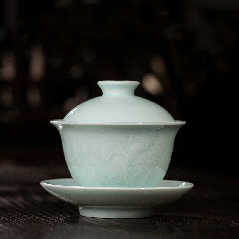 Boutique Tea Set Ceramic Gaiwan Floral Relief Porcelain Tea Cup Pitcher Orchid
