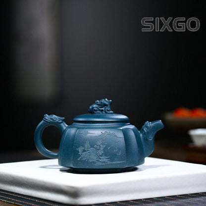 6"China Yixing Zisha Pottery Celeste Clay 200ML Four Sides Dragon Kung Fu Teapot
