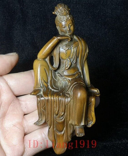 H 5 inch Old Chinese Boxwood Hand Carved Avalokitesvara Kwan-yin Buddha Statue