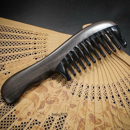 Wide Wooden Handle Toothed Comb Antistatic Natural Black Buffalo Hair Comb