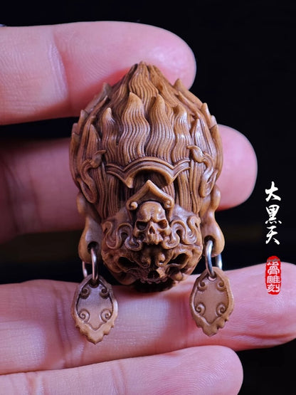 Buddhism Mahakala Head Carved Deer Antler Hand Carving Statue Pendant Amulet