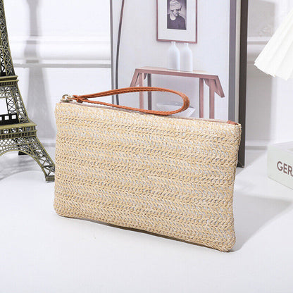 Envelope Wallet Coin Purse Straw Clutch Purse Woven Bag Beach Handbag Zipper ⌒