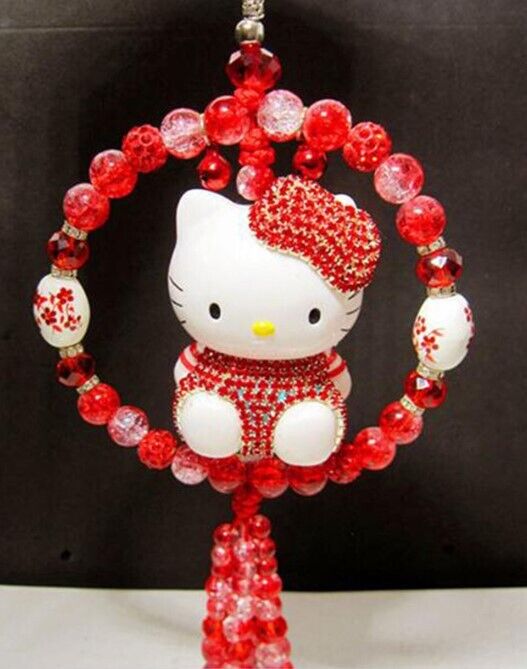 Handmade Cute Rhinestone Crystal Hello Kitty Pendant Purple Beading Car Decor