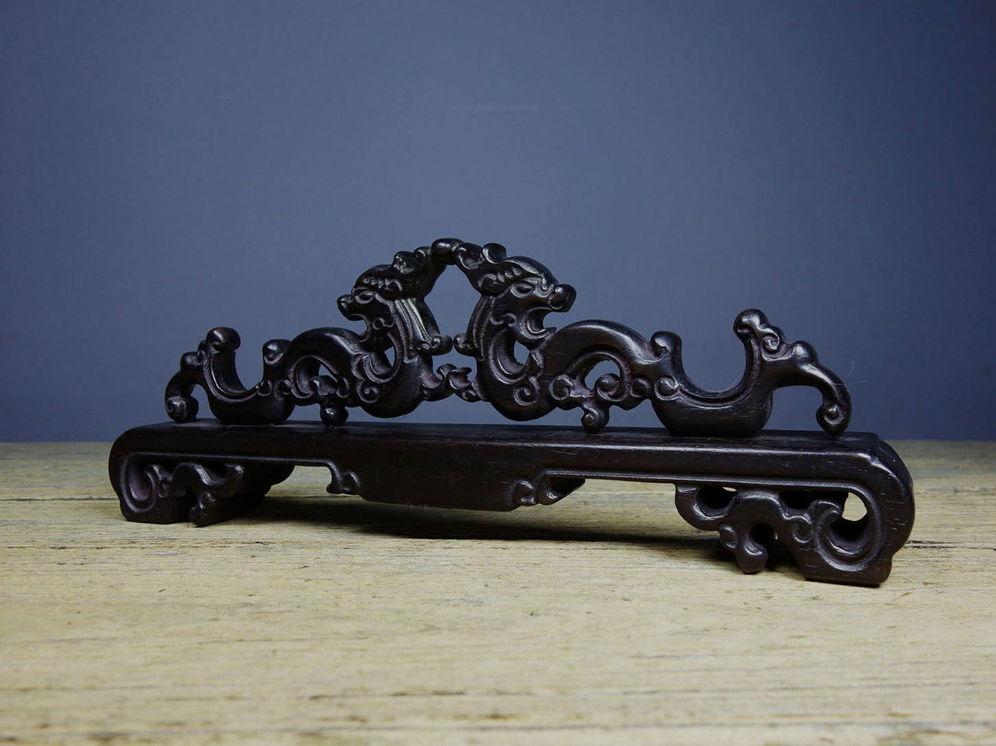 Chinese Natural Rosewood Hand-carved Double Dragons Pen Rack Statue