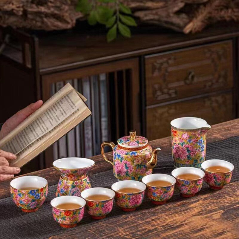 Complete Tea Set Color Enamel Craft Under Glaze Porcelain Tea Pot Matching Cup