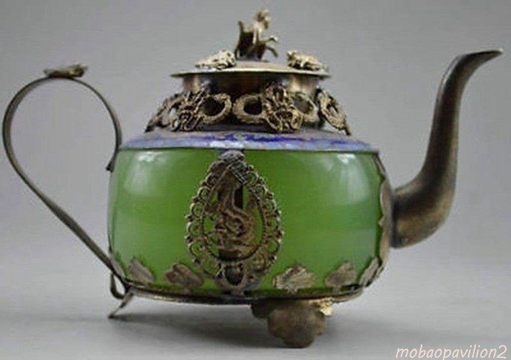 Old Silver Dragon Tea Pot Monkey Collectible Decorated Handwork Jade