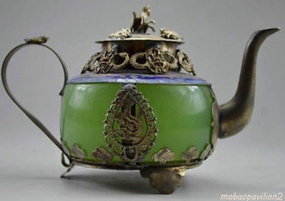 Old Silver Dragon Tea Pot Monkey Collectible Decorated Handwork Jade