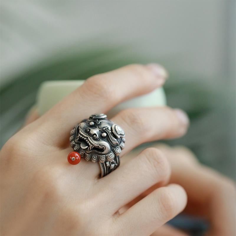 Gold-Swallowing Beast Ring Size Adjustable Lotus Red Bead Ethnic Jewelry