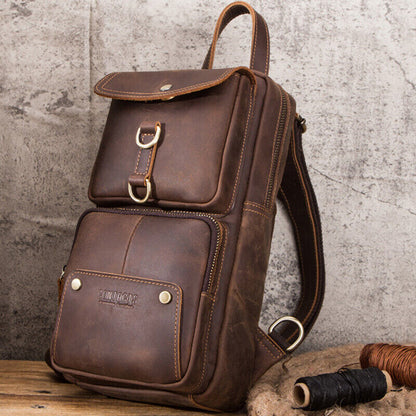Men's Sling Backpack Crazy Horse Leather Large Capacity Chest Bag Crossbody Bag