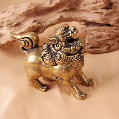 Palace Old Copper Bronze Fu Foo Dog Lion Incense Burner Statue