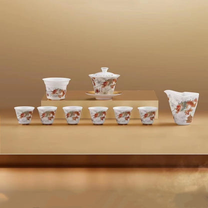 Boutique Tea Set Fat Mutton Jade Porcelain Teapot Gaiwan Hand Drawing Dragon Cup
